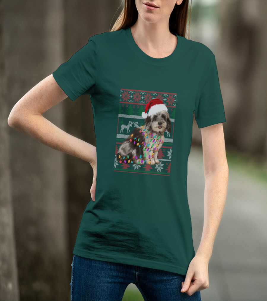 Havanese Festive Christmas Lights Santa Hat Ugly T-Shirt