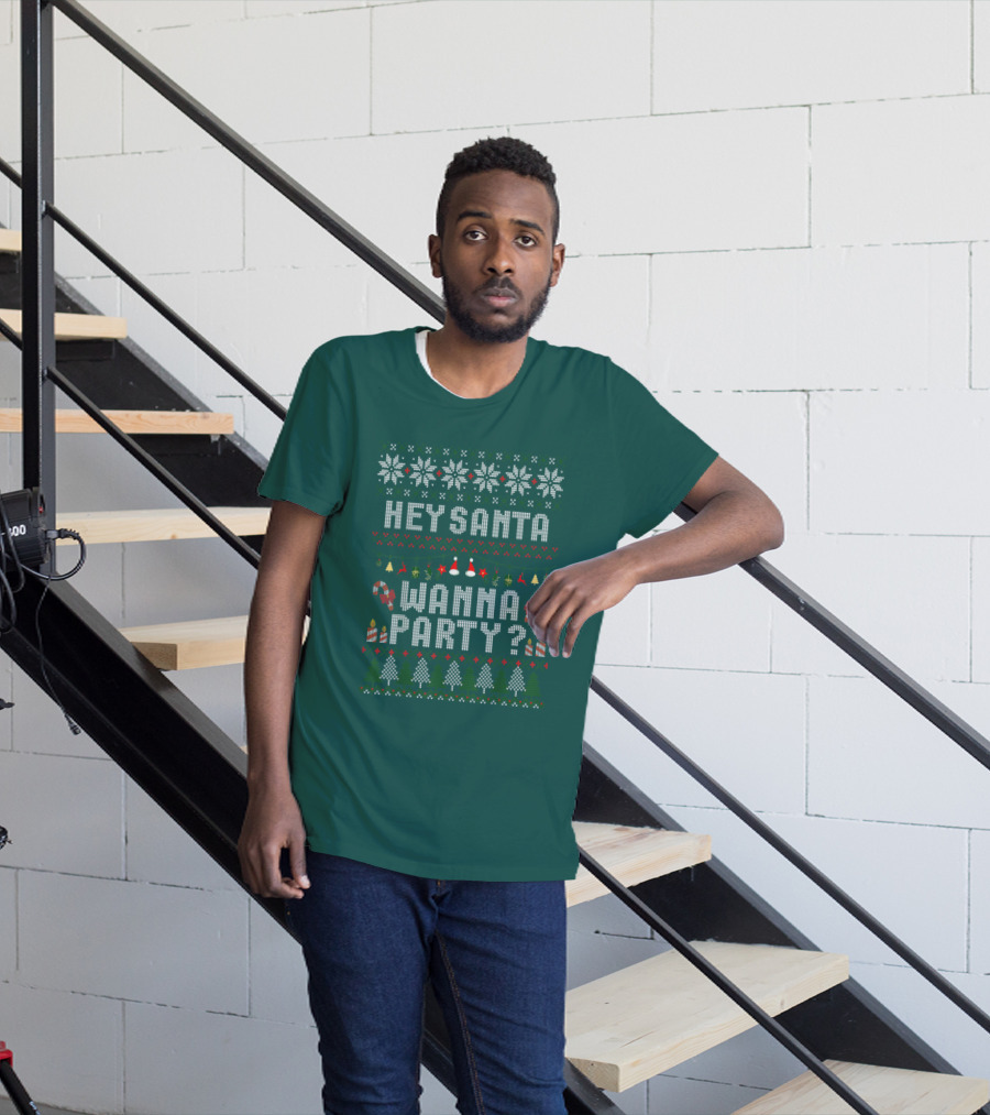 Hey Santa Wanna Party Christmas Ugly Sweater Style Holiday Festive T-Shirt