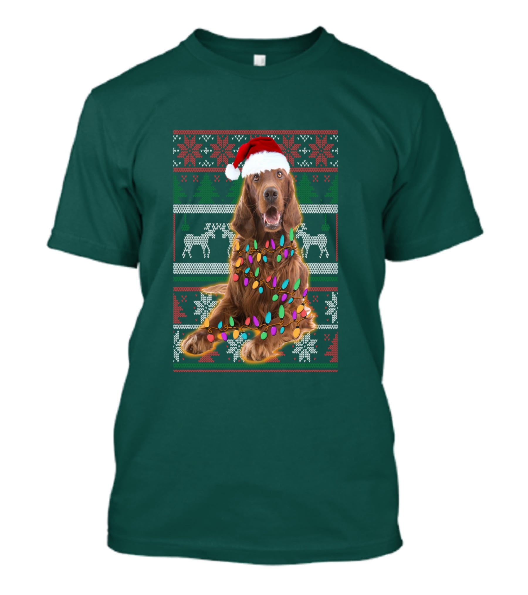 Christmas Irish Setter Reindeer Santa Hat Lights T-Shirt