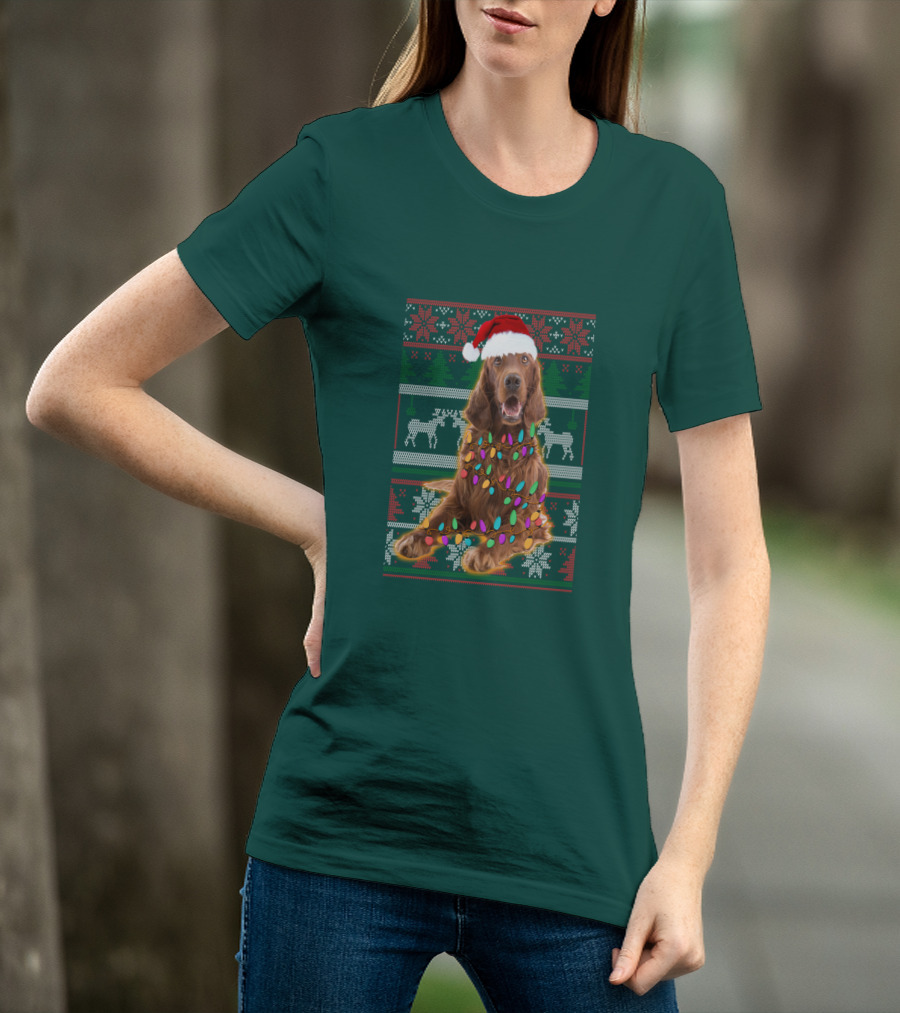 Christmas Irish Setter Reindeer Santa Hat Lights T-Shirt
