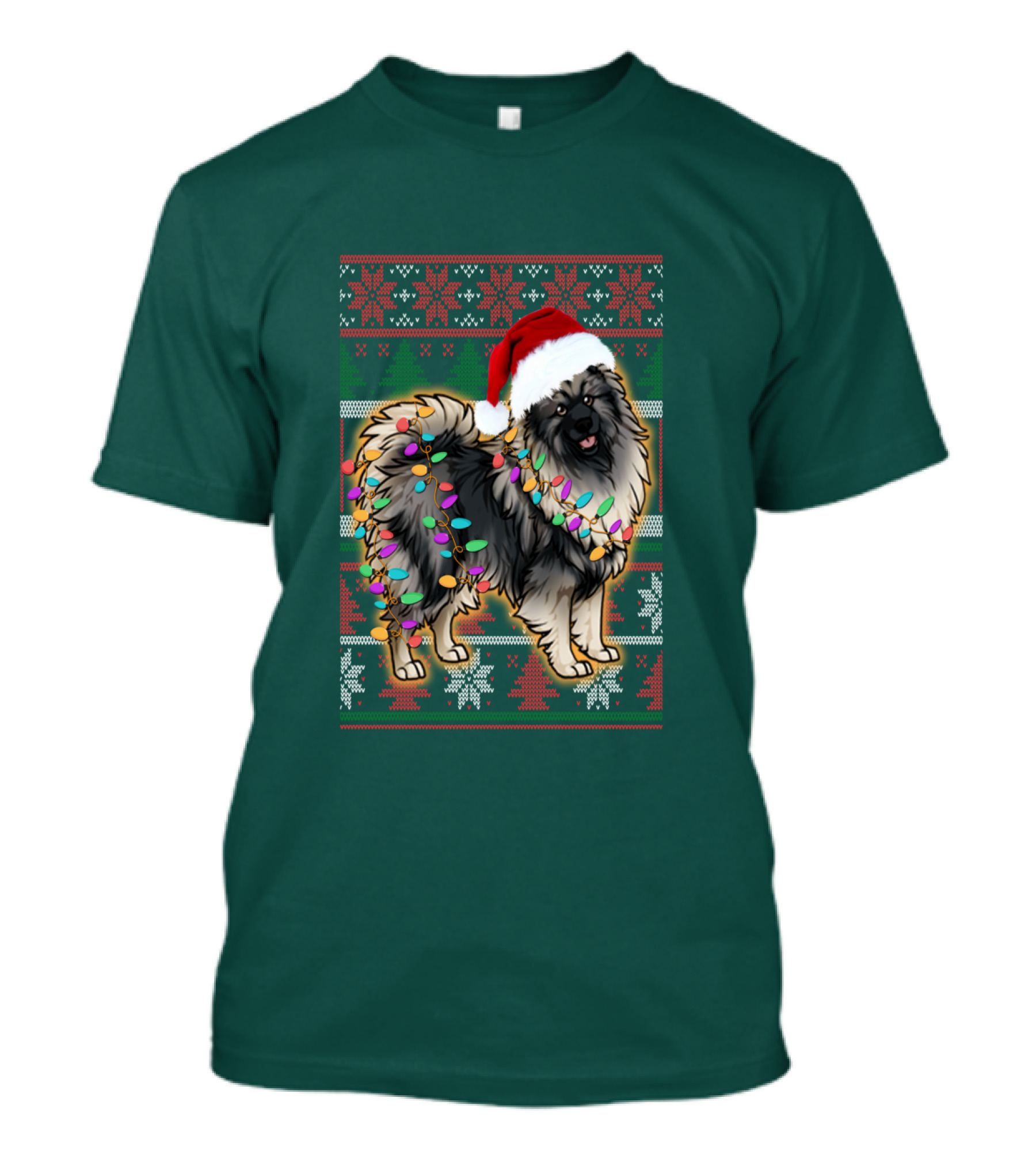 Keeshond Christmas Santa Hat And Lights Festive T-Shirt