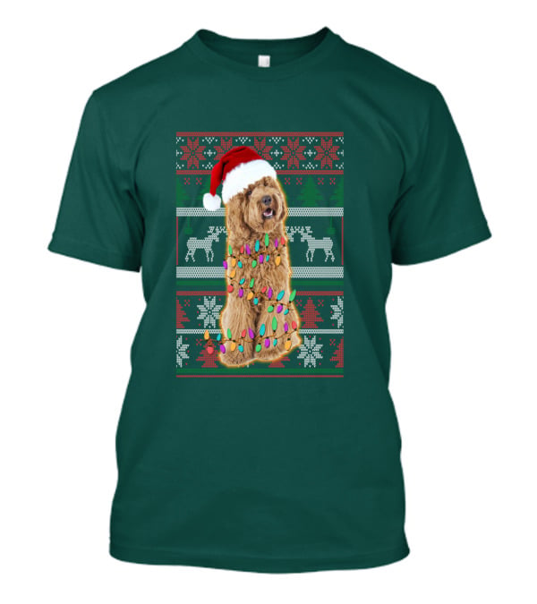 Labradoodle Christmas Lights Santa Hat Reindeer Snowflakes Green T-Shirt