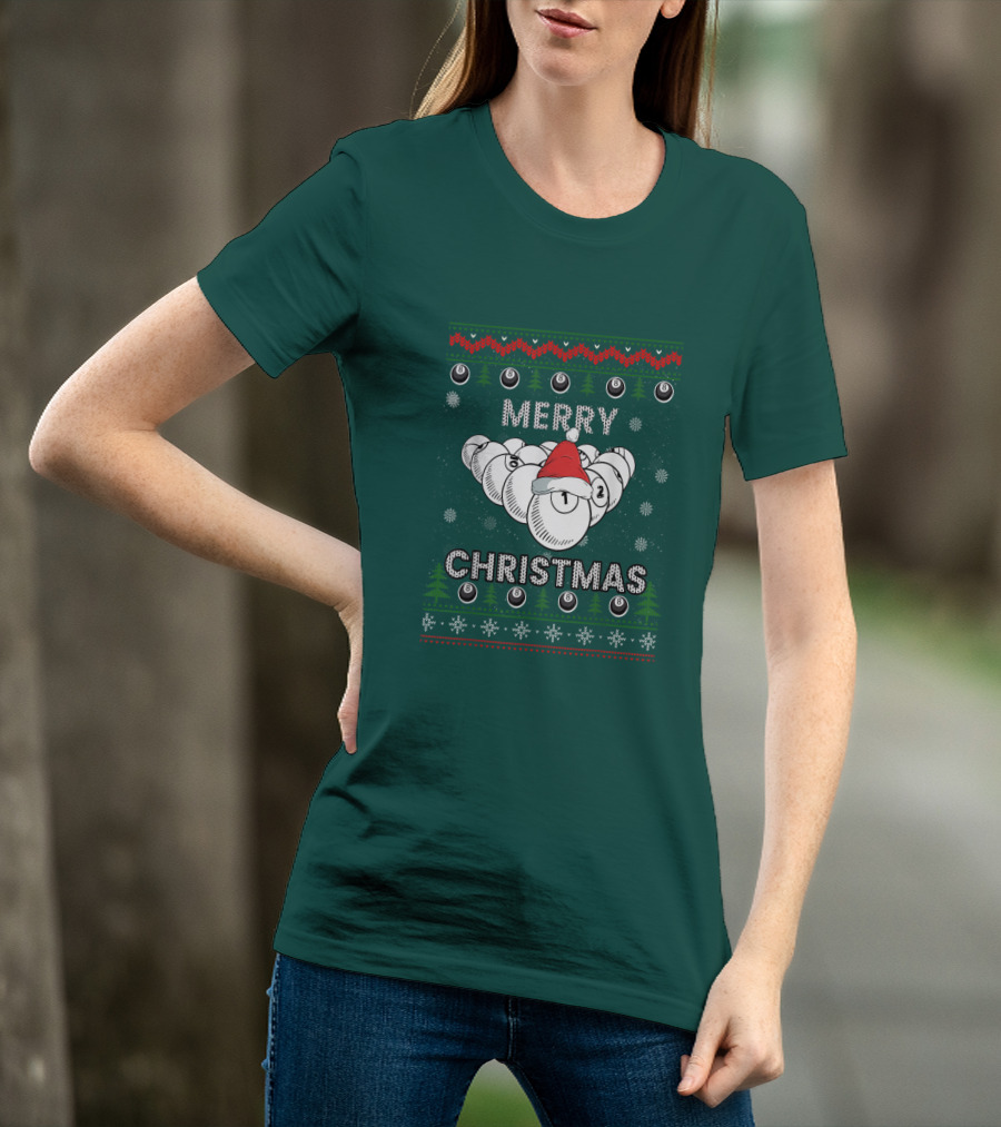 Merry Christmas Santa Hat Billiards Pool Balls Holiday Snowflakes T-Shirt