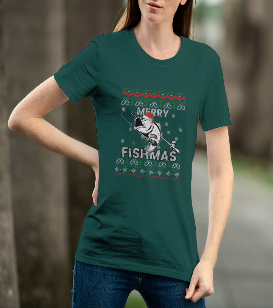 Merry Fishmas Fishing Santa Hat Bass Ugly Christmas T-Shirt
