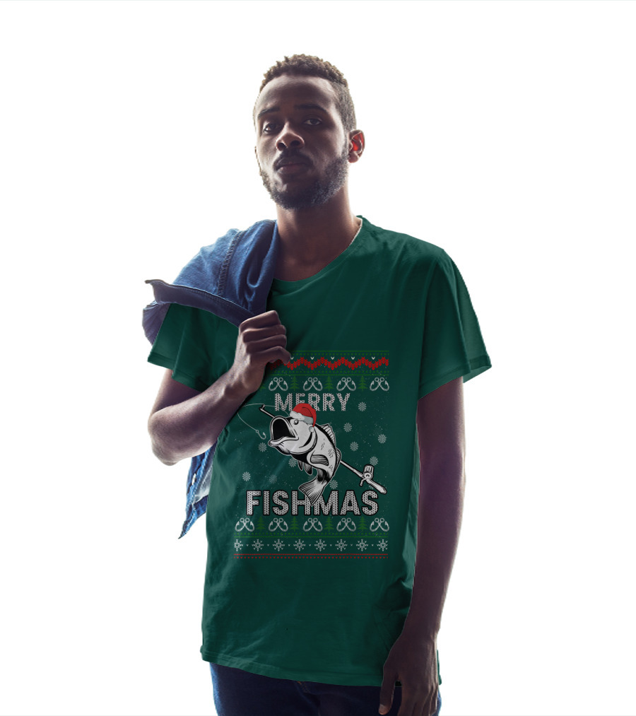 Merry Fishmas Fishing Santa Hat Bass Ugly Christmas T-Shirt
