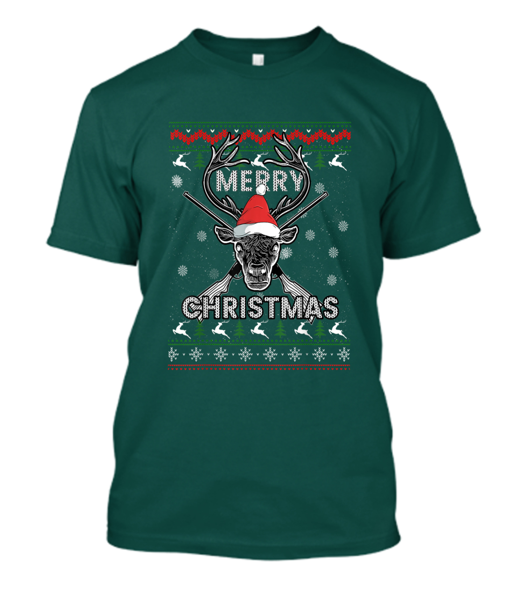 Merry Christmas Hunting Deer Antlers Santa Hat Snowflakes T-Shirt