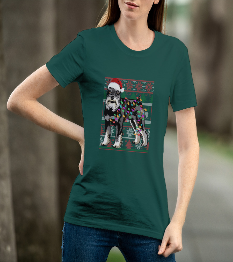 Miniature Schnauzer Christmas Sweater Santa Hat And Holiday Lights T-Shirt
