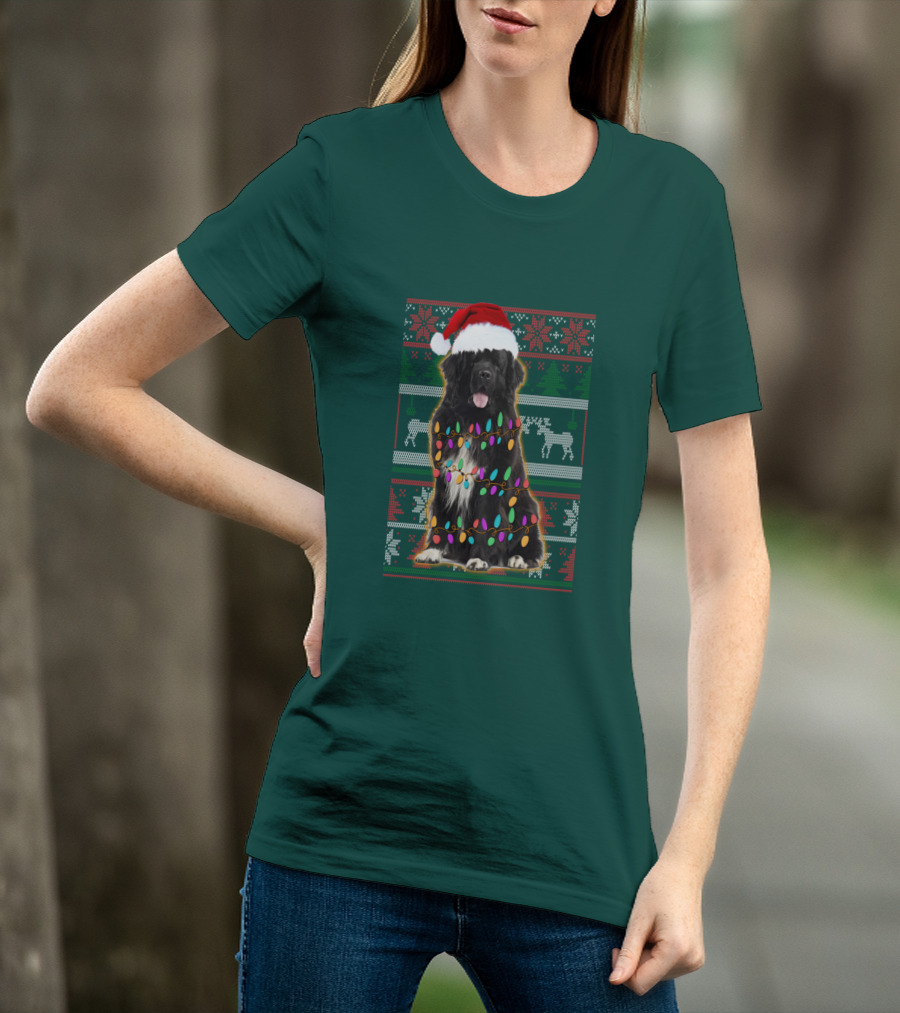 Newfoundland Dog Christmas Lights Santa Hat Ugly T-Shirt