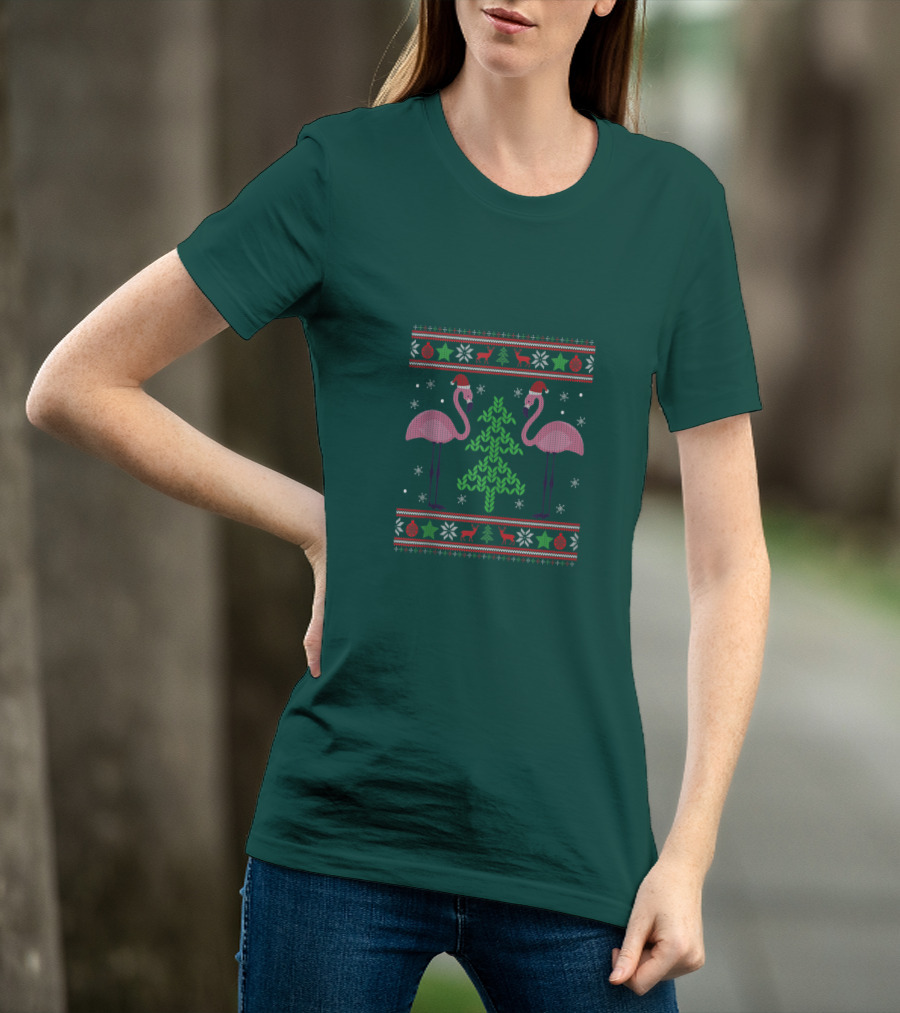 Pink Flamingos Santa Hat Christmas Tree Ugly T-Shirt
