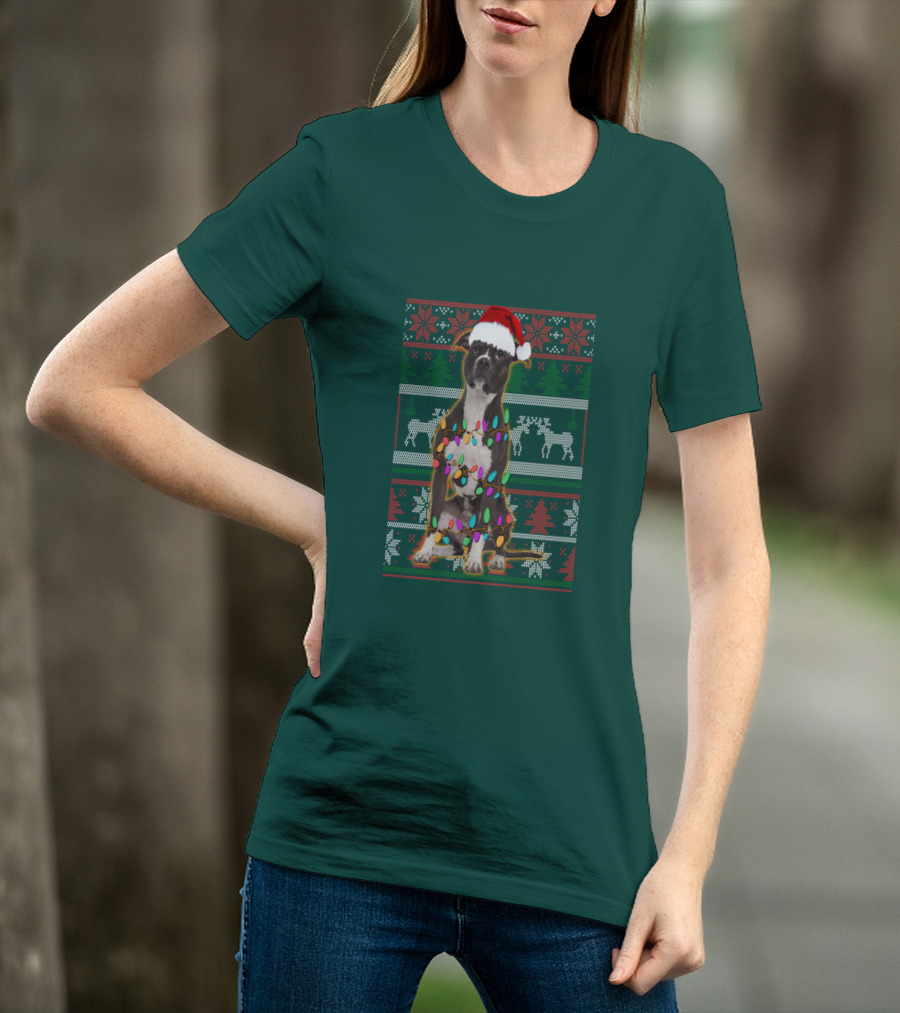 Pitbull Christmas Sweater With Santa Hat And Holiday Lights T-Shirt