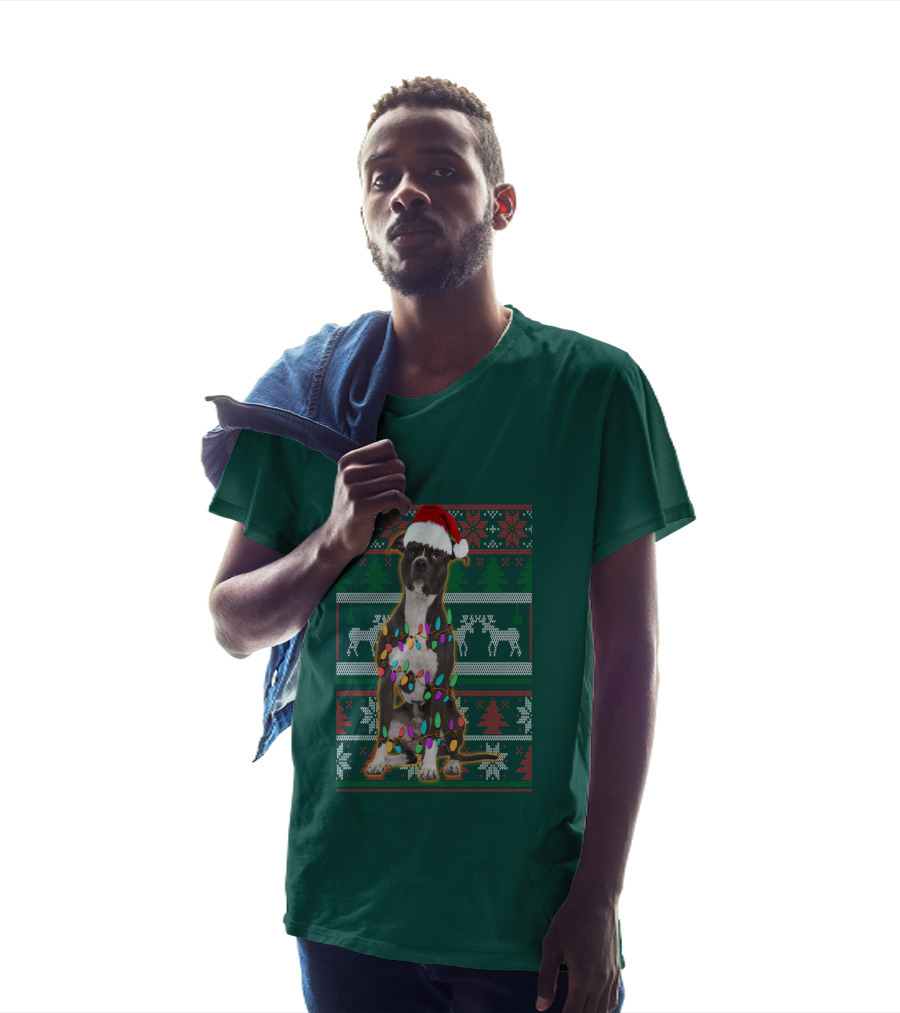 Pitbull Christmas Sweater With Santa Hat And Holiday Lights T-Shirt