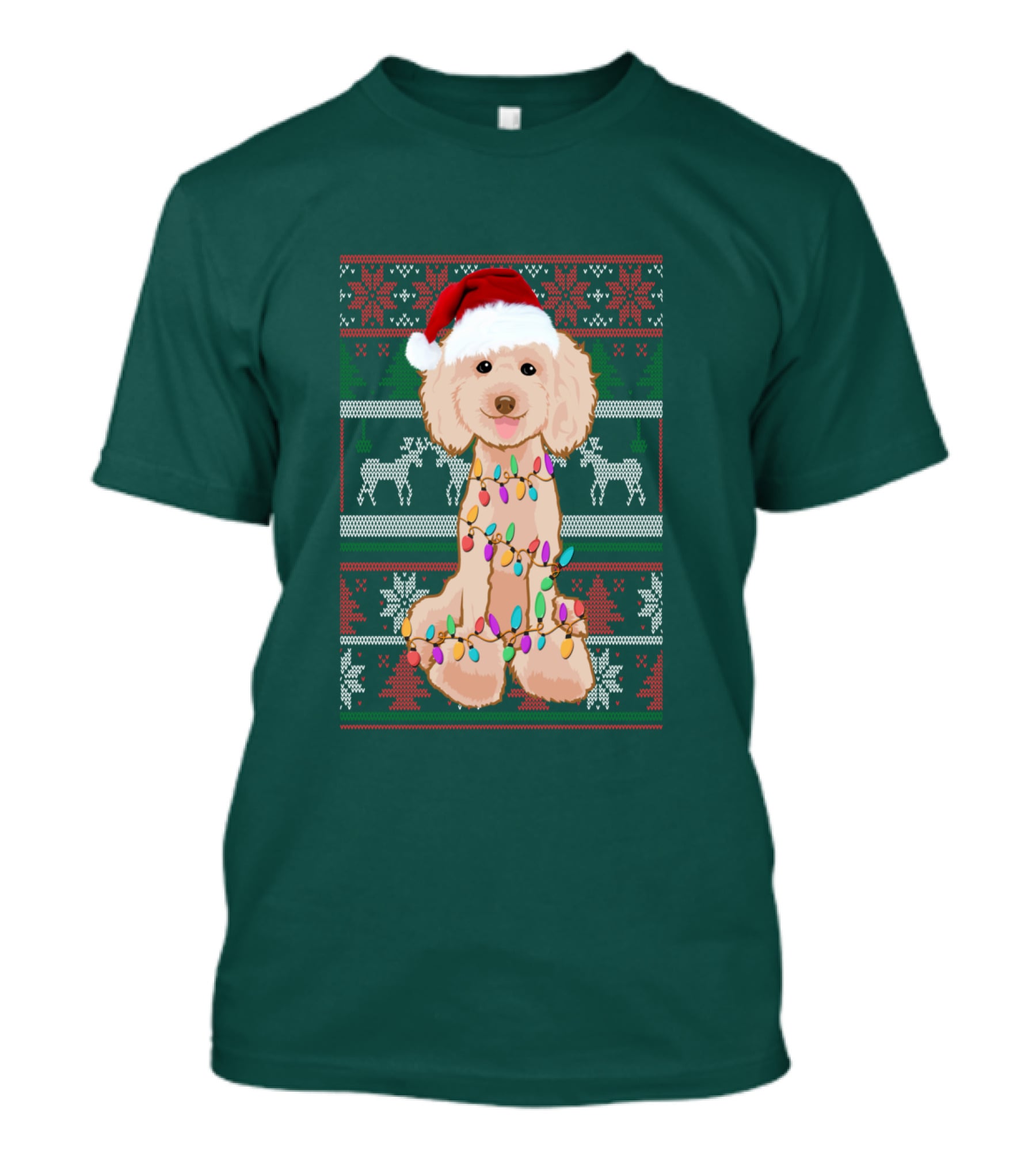 Poodle Santa Hat Christmas Lights Ugly Sweater Reindeer Snowflakes T-Shirt
