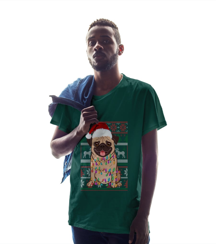 Pug Christmas Santa Hat Holiday Lights Sweater Reindeer T-Shirt