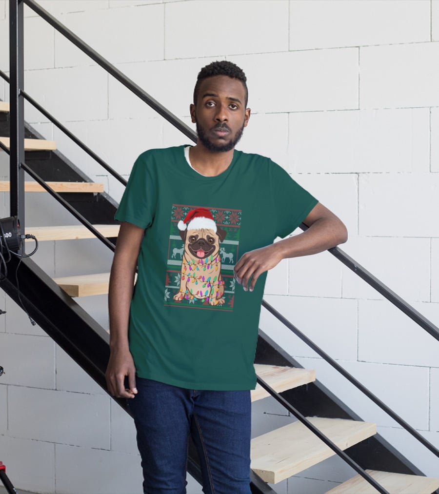 Pug Christmas Santa Hat Holiday Lights Sweater Reindeer T-Shirt