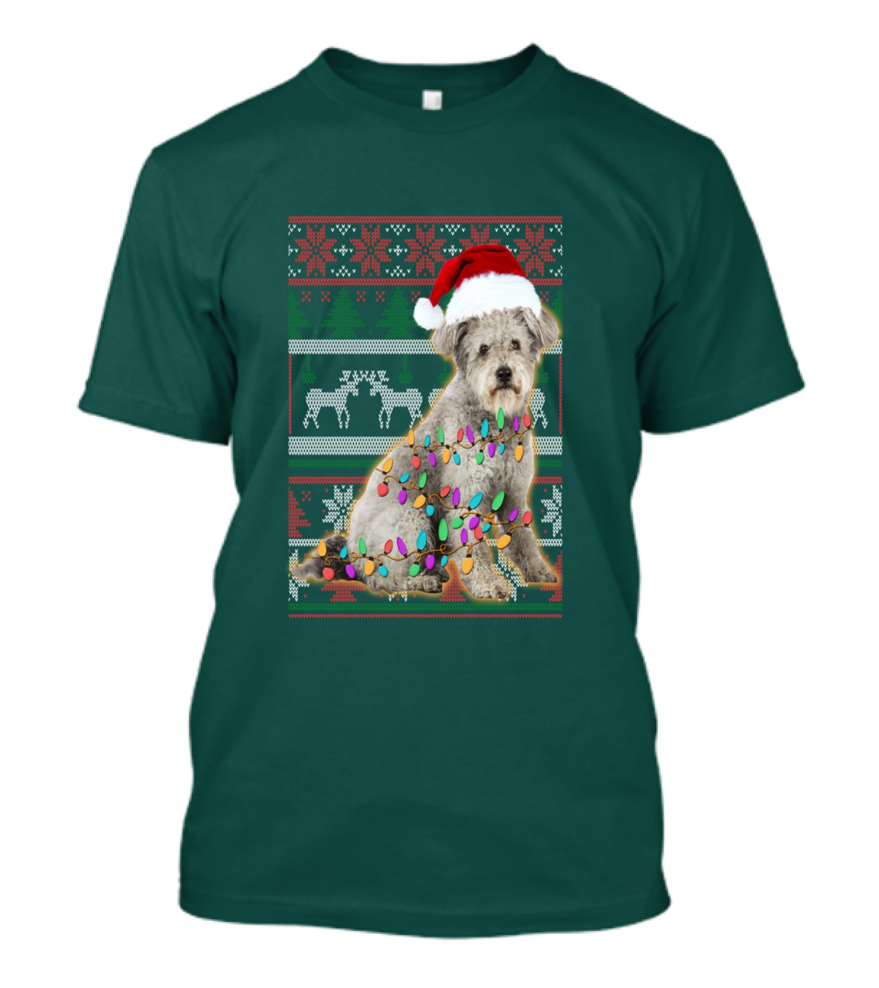Pumi Dog Christmas Lights Santa Hat Ugly T-Shirt