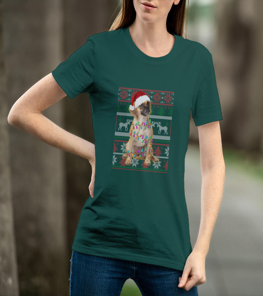 Puggle Christmas Santa Hat With Holiday Lights T-Shirt