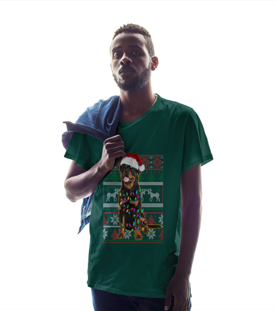 Rottweiler Christmas Lights Ugly Sweater Santa Hat Reindeer Snowflakes T-Shirt