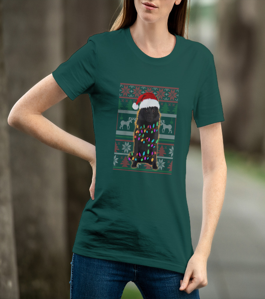 Schipperke Santa Hat Festive Christmas Lights Ugly T-Shirt