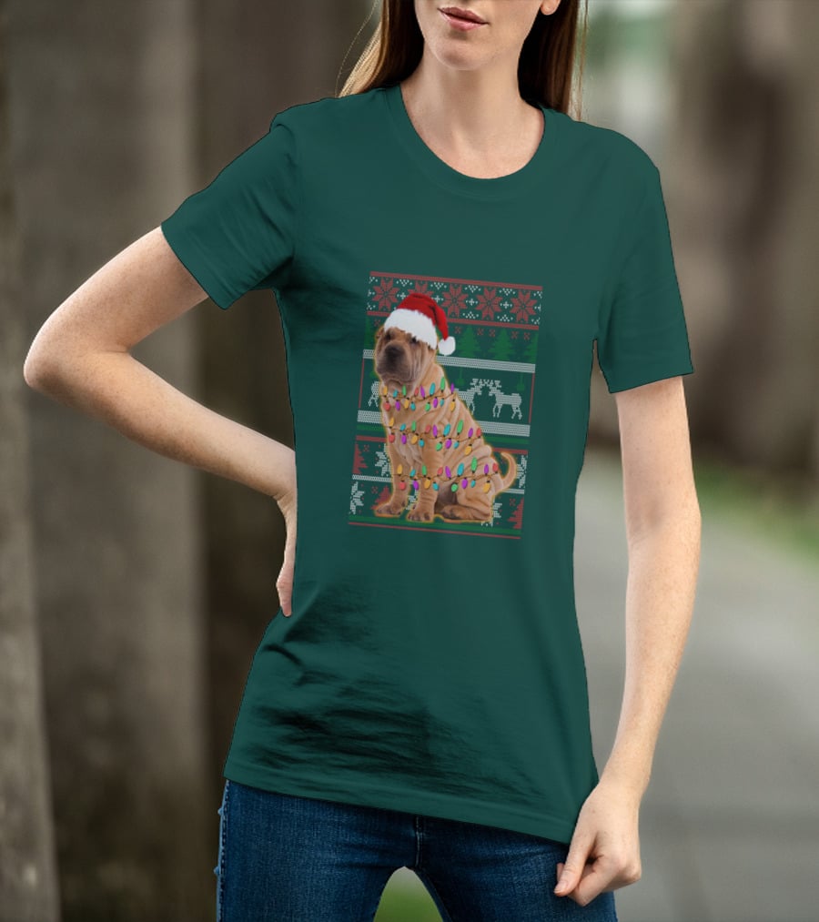 Shar Pei Christmas Lights Santa Hat Puppy T-Shirt
