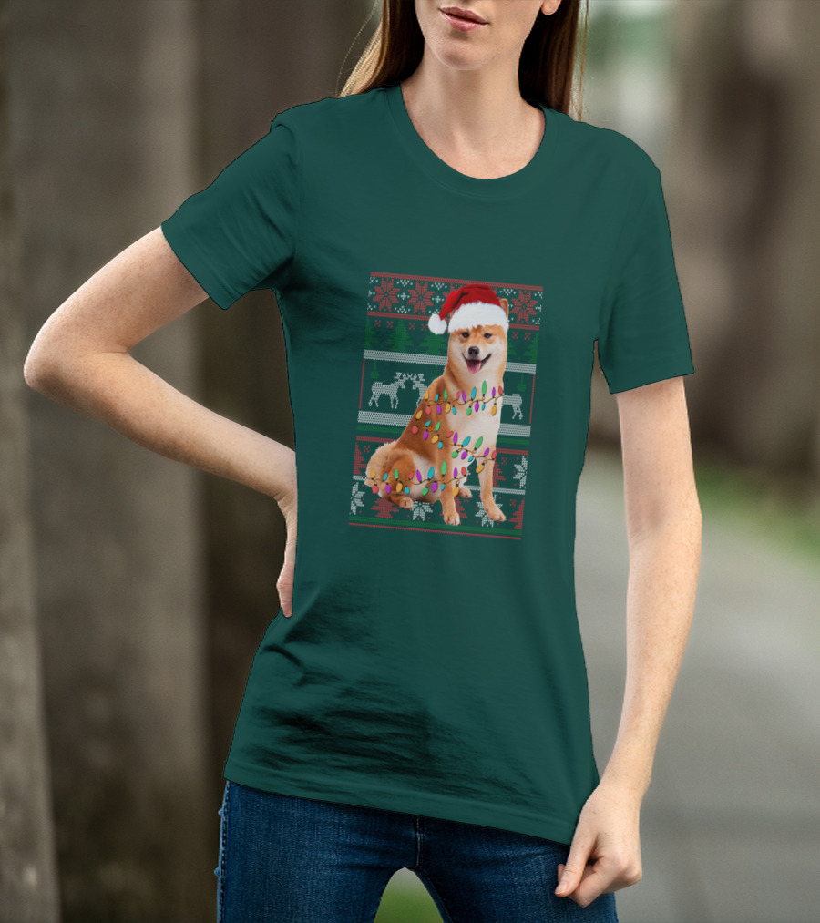 Shiba Inu Christmas Sweater Lights Santa Hat T-Shirt