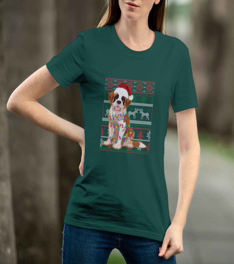 St Bernard Christmas Lights Ugly T-Shirt