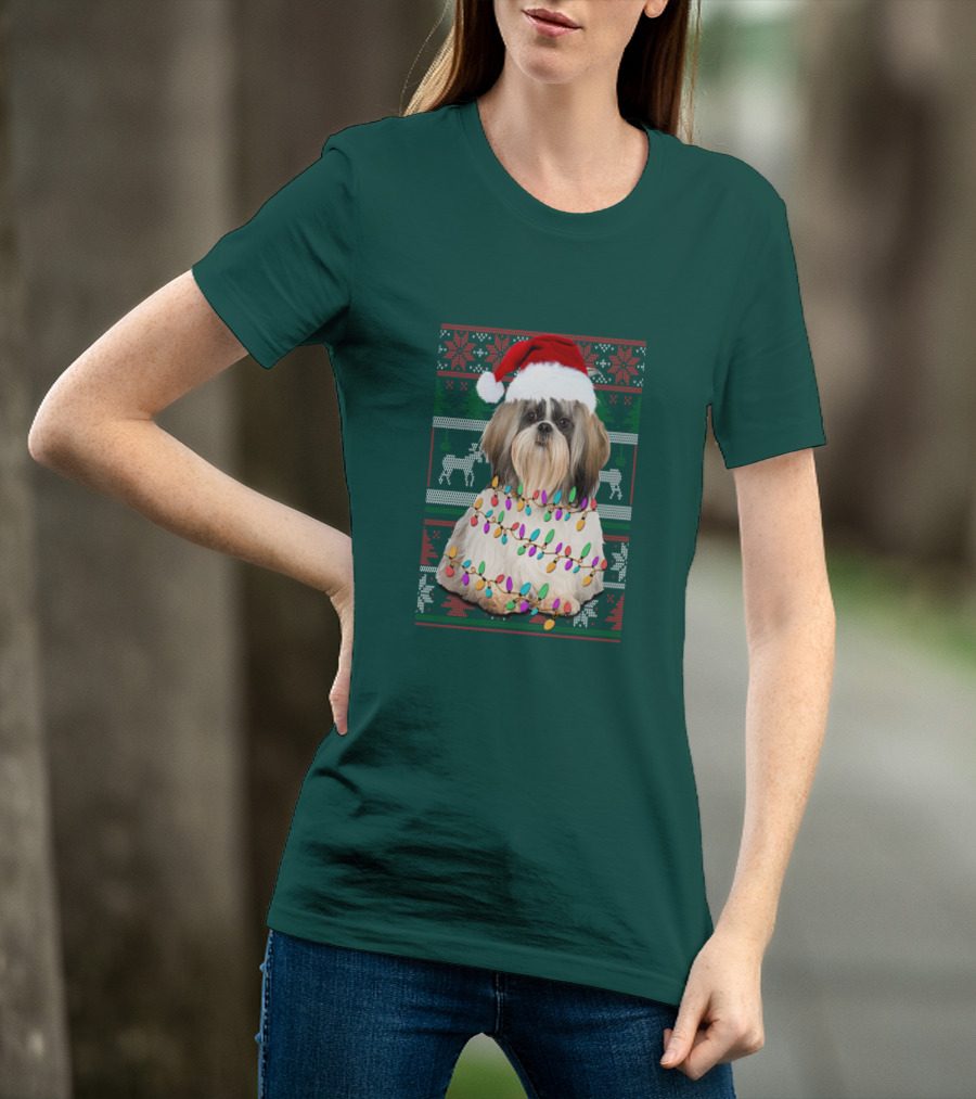 Shih Tzu Christmas Lights Santa Hat Holiday T-Shirt
