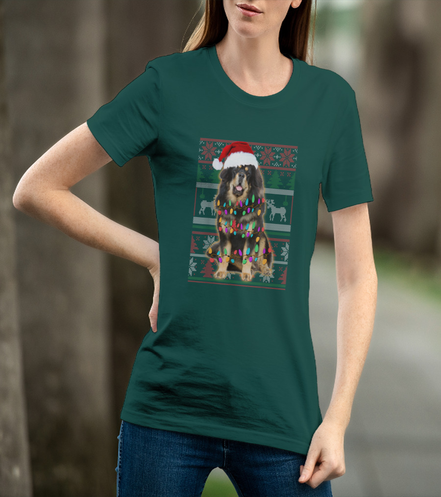 Tibetan Mastiff Christmas Sweater With Lights And Santa Hat T-Shirt