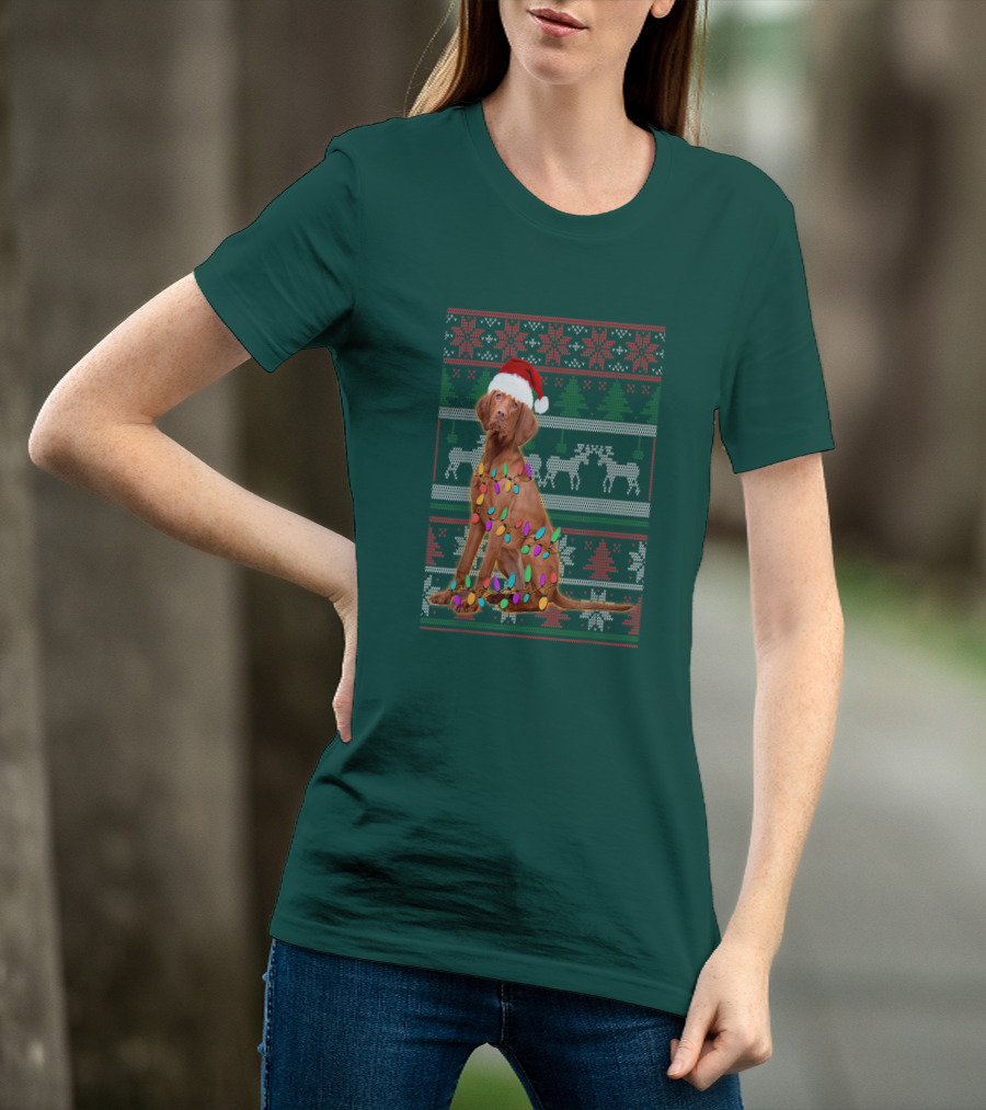 Vizsla Christmas Lights Santa Hat Ugly T-Shirt