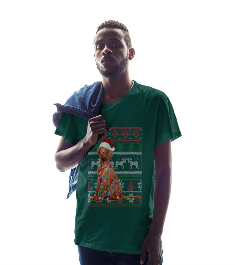 Vizsla Christmas Lights Santa Hat Ugly T-Shirt