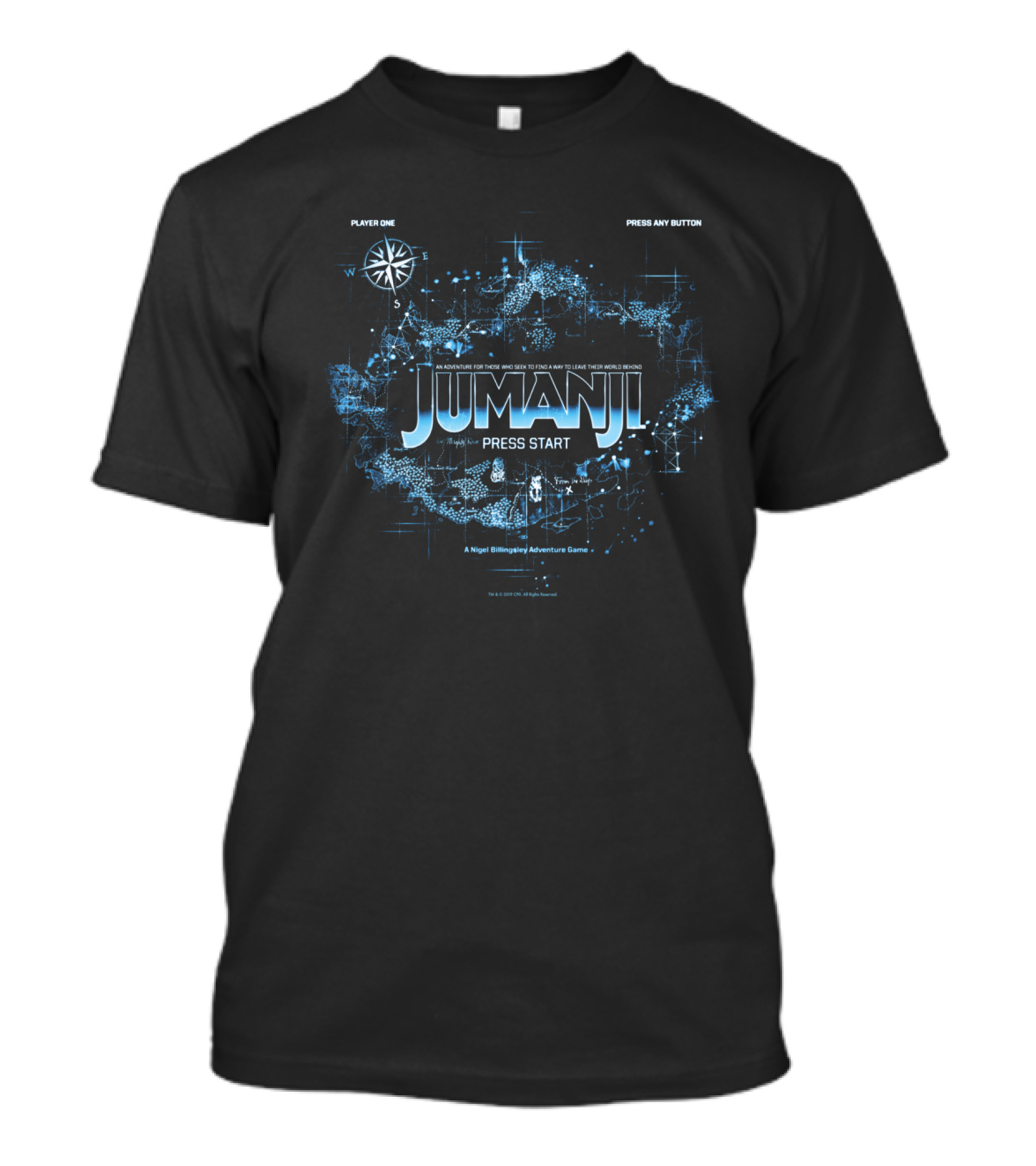 Jumanji Blue Adventure Map Press Start Compass Player One T-Shirt