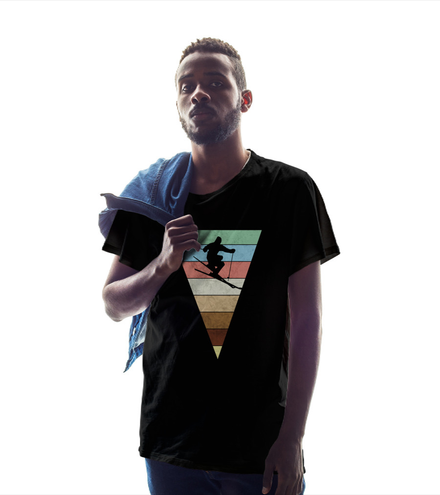 Skiing Vintage Print Silhouette With Retro Stripes For Skiers T-Shirt