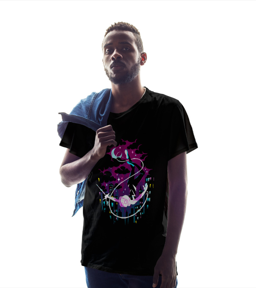 Marvel Ghost Spider Swinging Through Neon City Skyline T-Shirt