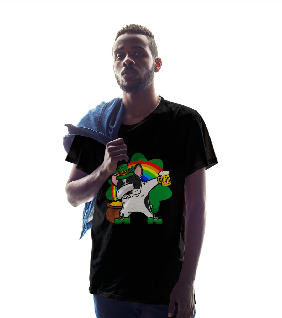 Dabbing Pied French Bulldog St Patrick's Day Rainbow Clover Beer Pot Of Gold T-Shirt