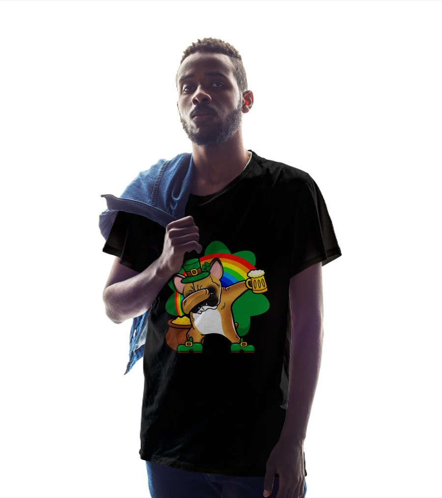 French Bulldog Dabbing Leprechaun With Beer And Rainbow St Patrick's Day T-Shirt