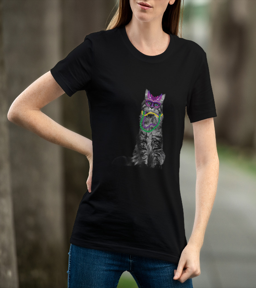 Cat Beads With Mardi Gras Mask And Decorations T-Shirt