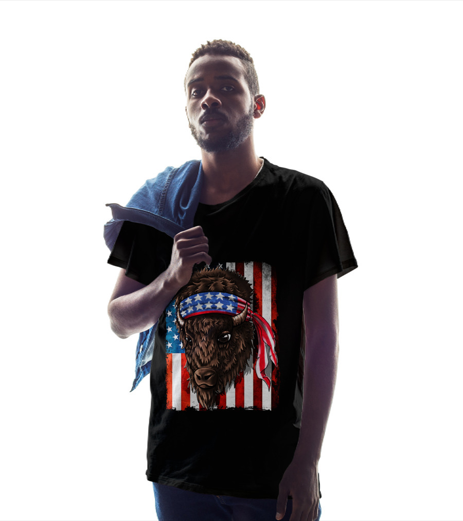 Buffalo With American Flag Headband On Patriotic Western Background T-Shirt