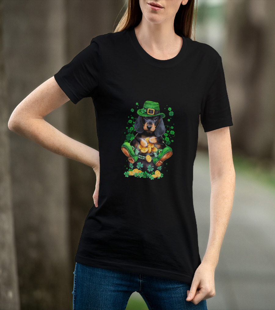 Dachshund Patrick Baby Funny Patrick Leprechaun Hat Shamrocks Pot Of Gold Coins T-Shirt