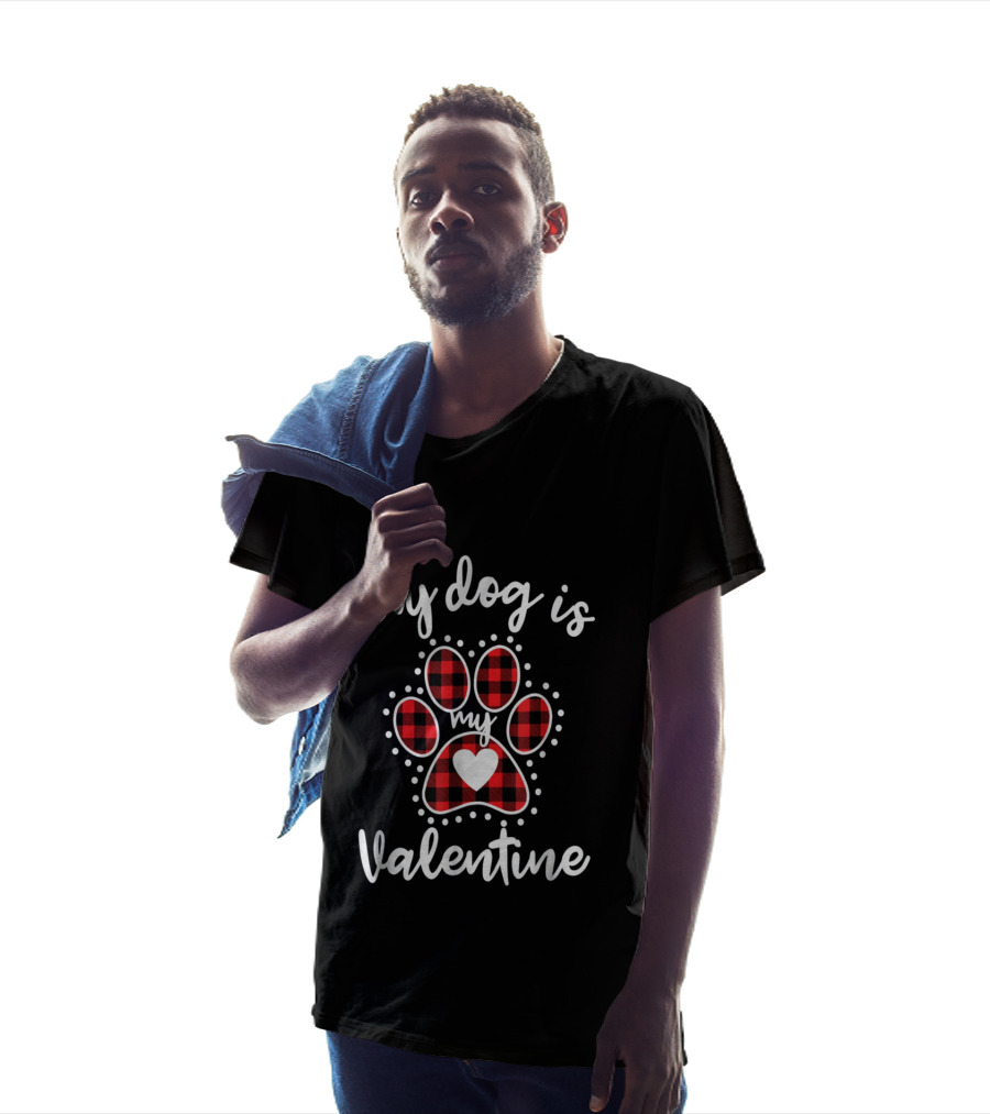 My Dog Is My Valentine Buffalo Plaid Paw Heart T-Shirt