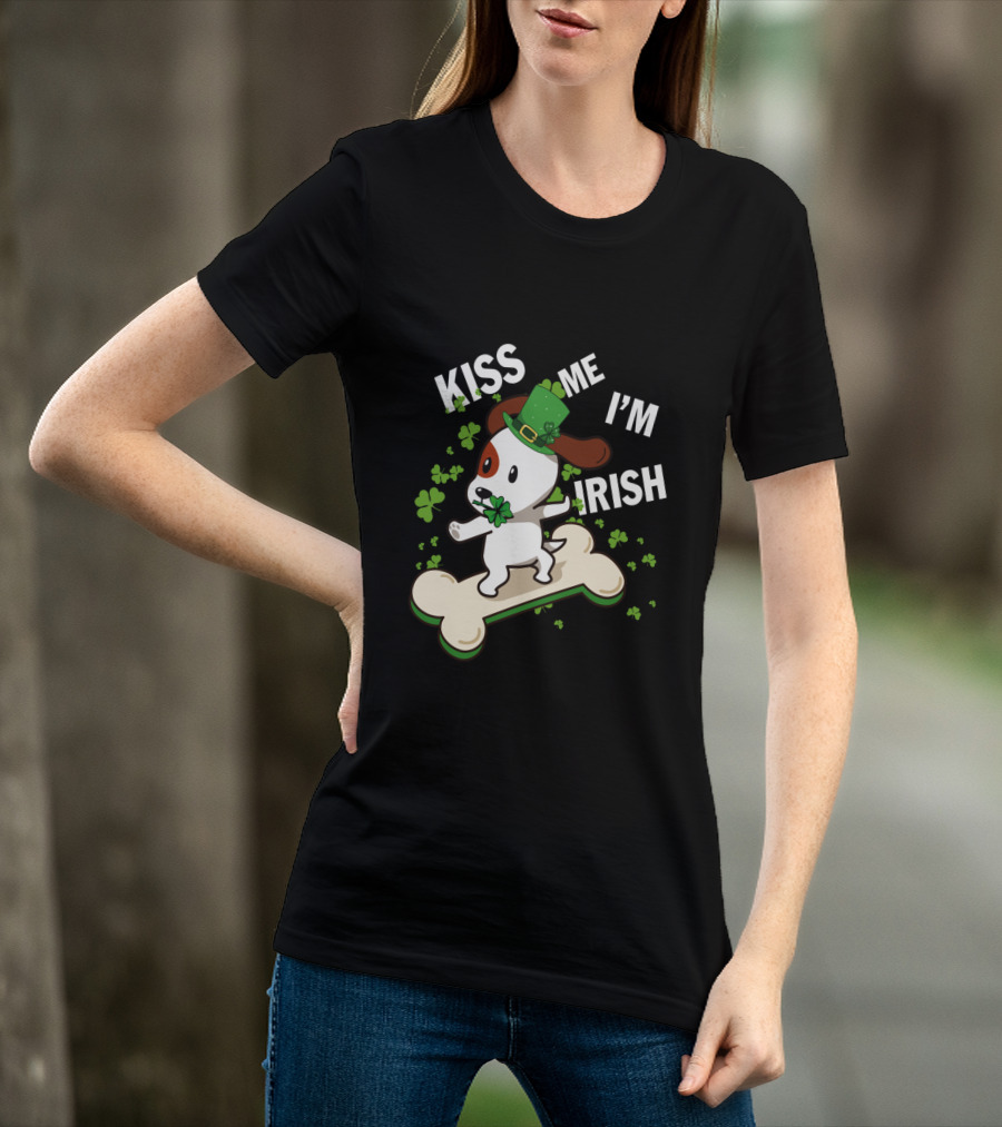 Kiss Me I'm Irish Jack Russell Dog With Lucky Shamrock And Hat On Bone T-Shirt