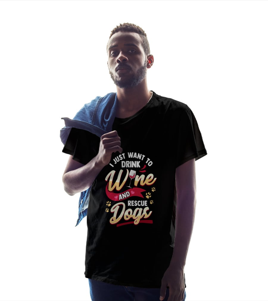 I Just Want To Drink Wine And Rescue Dogs Paw Prints And Wine Glass T-Shirt