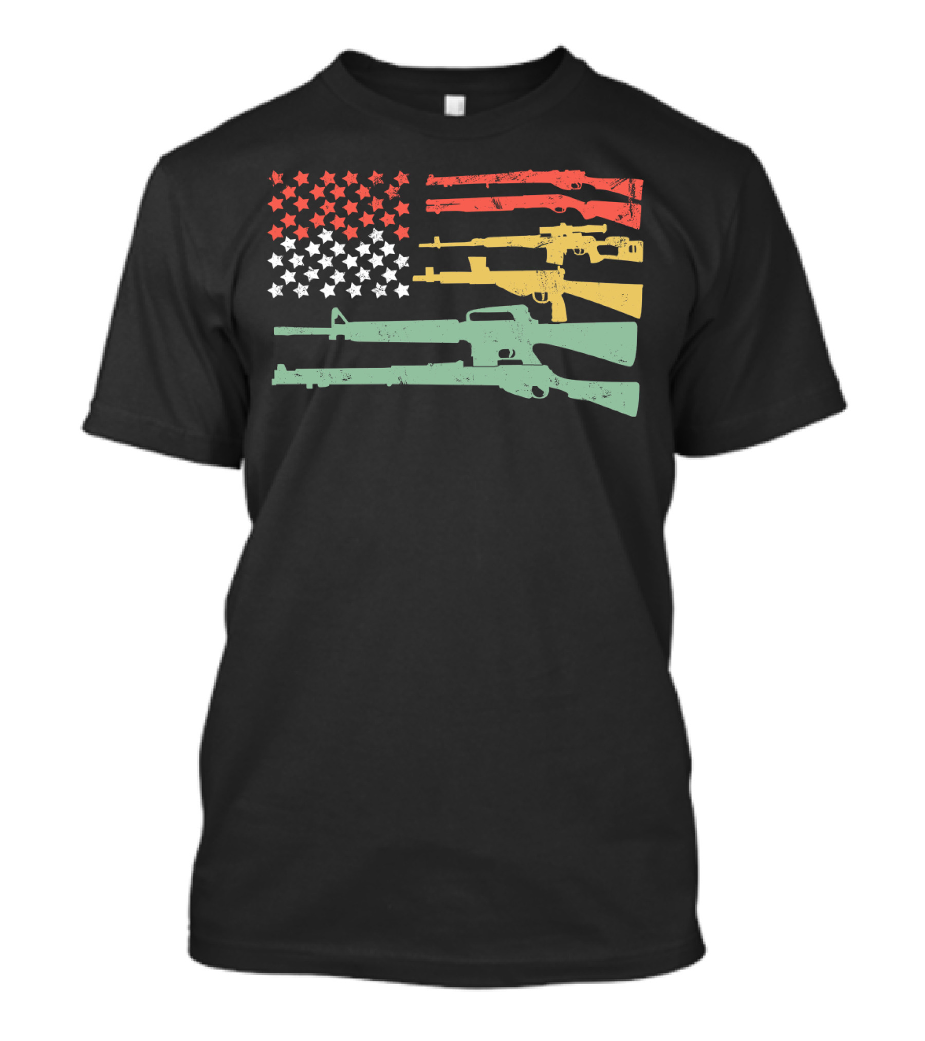 Big American Flag Machine Guns Vintage 2A Flag With Red Gold Green Rifle T-Shirt