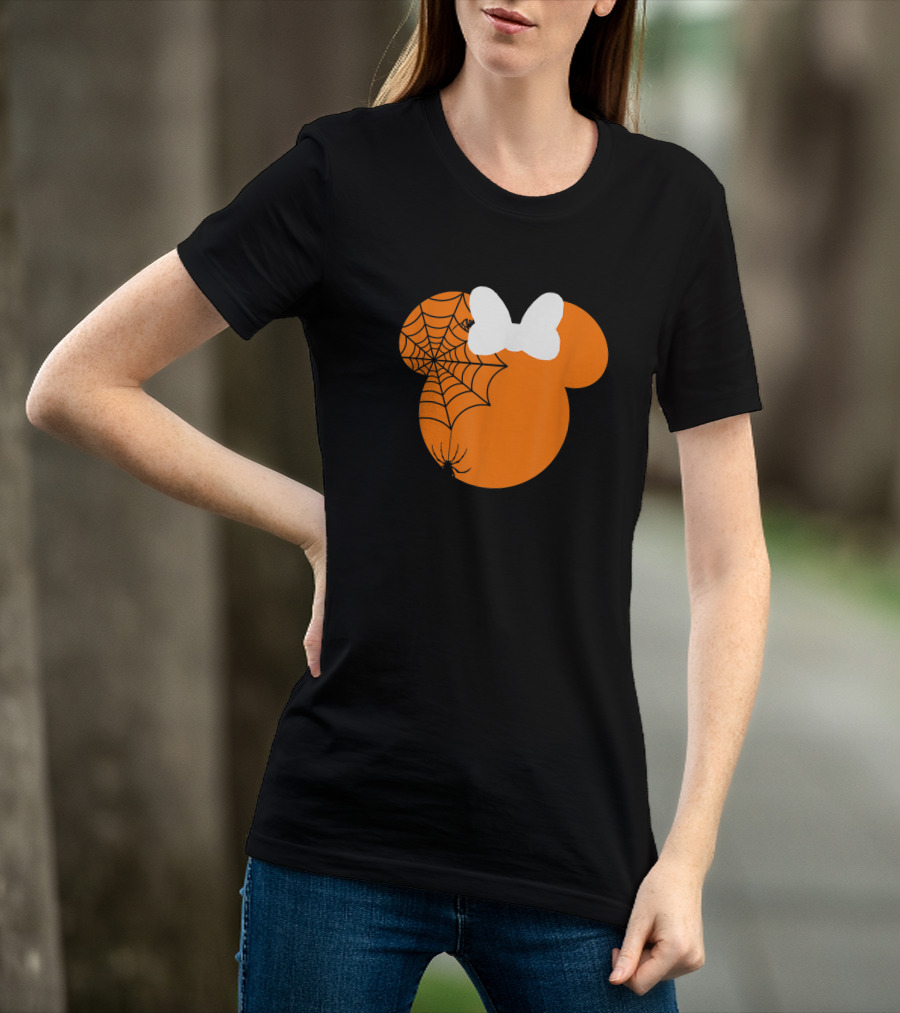 Cute Mouse Halloween Pumpkin With Bow And Spider Web T-Shirt