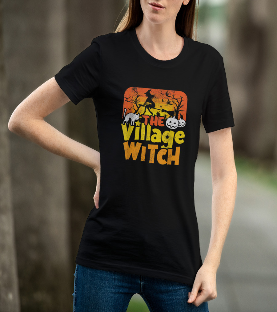 The Village Witch Funny Halloween Witch Pumpkin Cat Moon Scene T-Shirt
