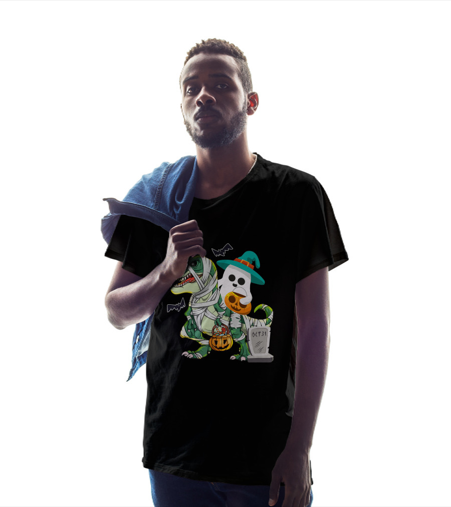 Ghostly Mummy Dinosaur With Pumpkin Candy And Oct 31 Tombstone T-Shirt