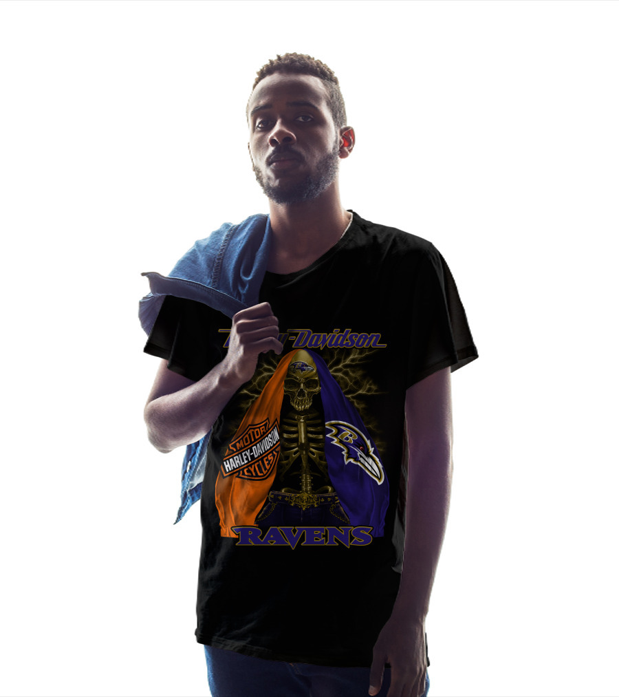 Harley Davidson Baltimore Ravens Motorcycles Skeleton Lightning T-Shirt