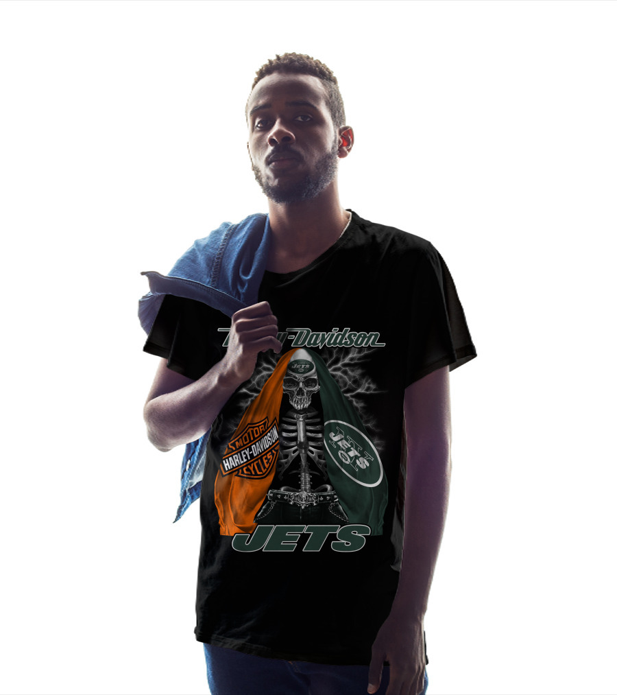 Harley Davidson New York Jets Skeleton With Flag And Lightning T-Shirt