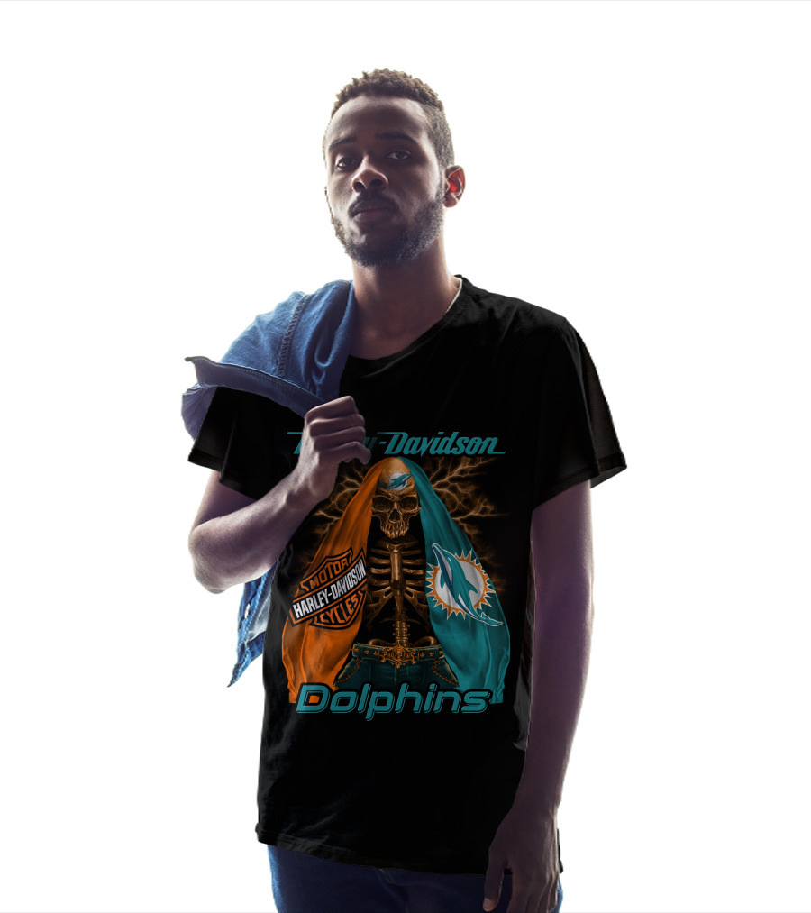 Harley Davidson Miami Dolphins Skeleton Motorcycles T-Shirt