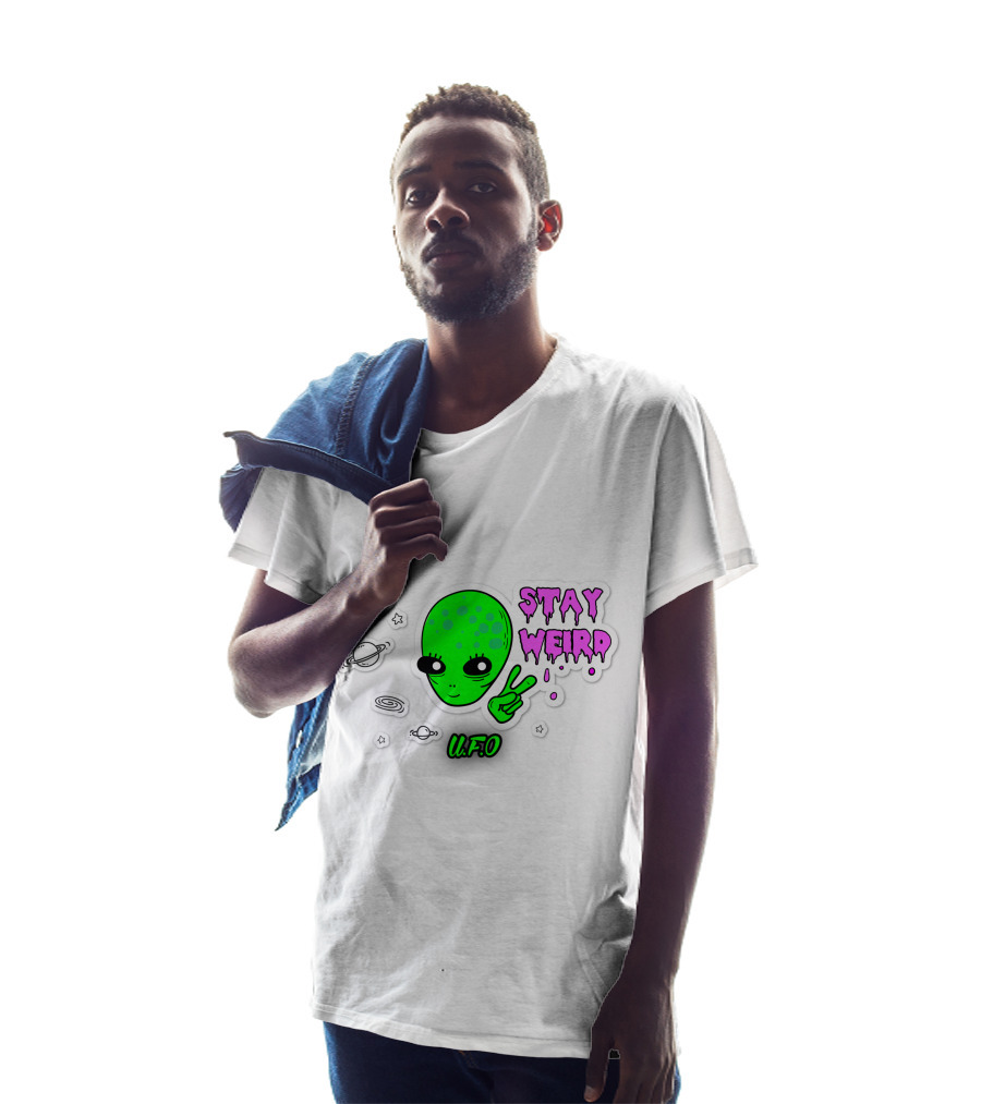 Stay Weird U.F.O. Alien Peace Sign Planet Stickers T-Shirt