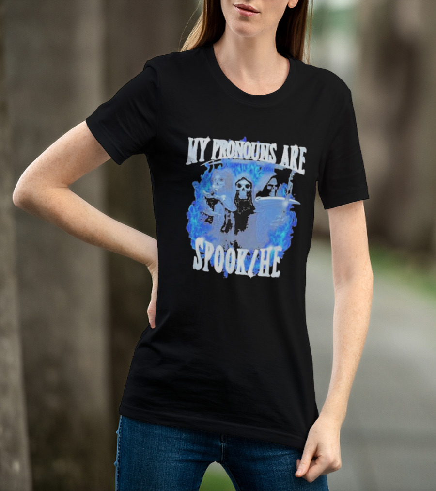My Pronouns Are Spook He Blue Flames Grim Reaper Trio T-Shirt