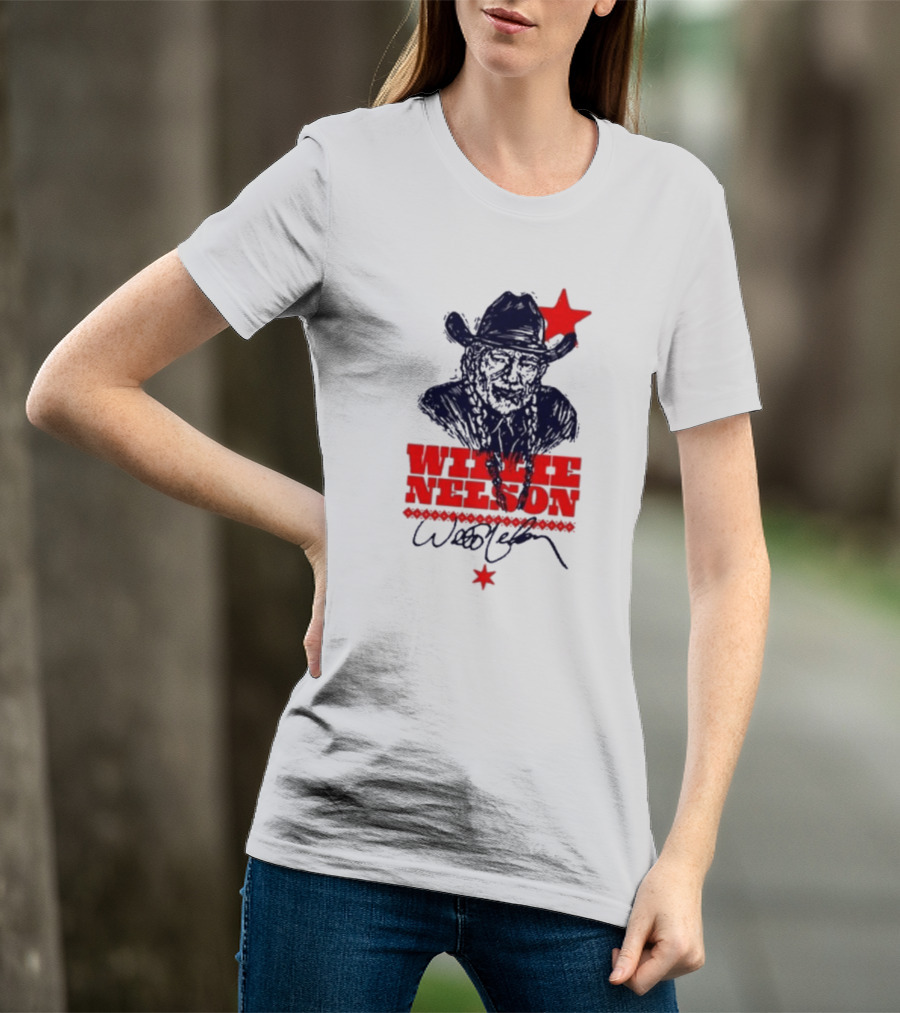 Willie Nelson Woodcut Cowboy Hat Red Star T-Shirt